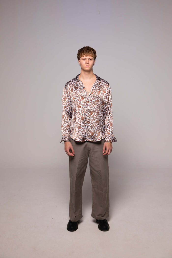 Camicia SETA Bianca Fantasie Marroni