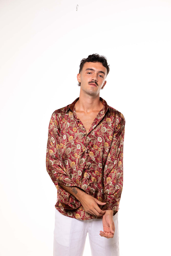 Camicia SETA Bordeaux con Fantasia ORO