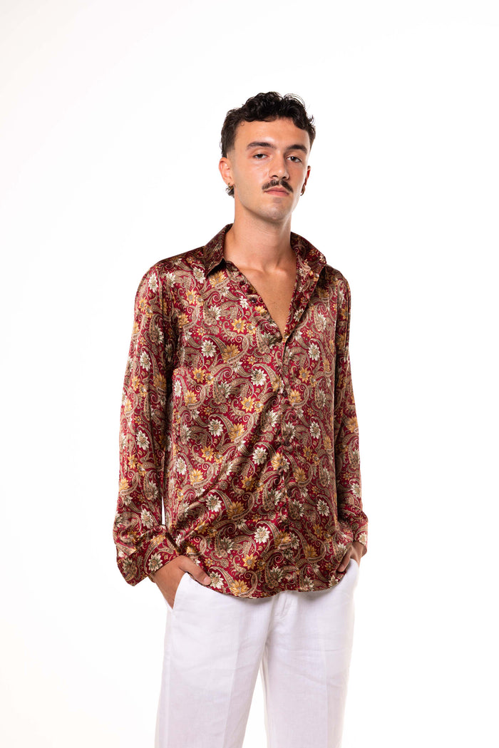 Camicia SETA Bordeaux con Fantasia ORO