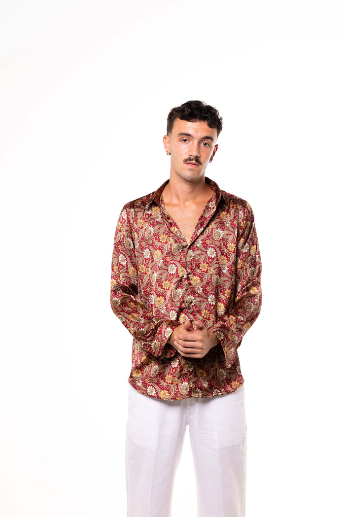 Camicia SETA Bordeaux con Fantasia ORO