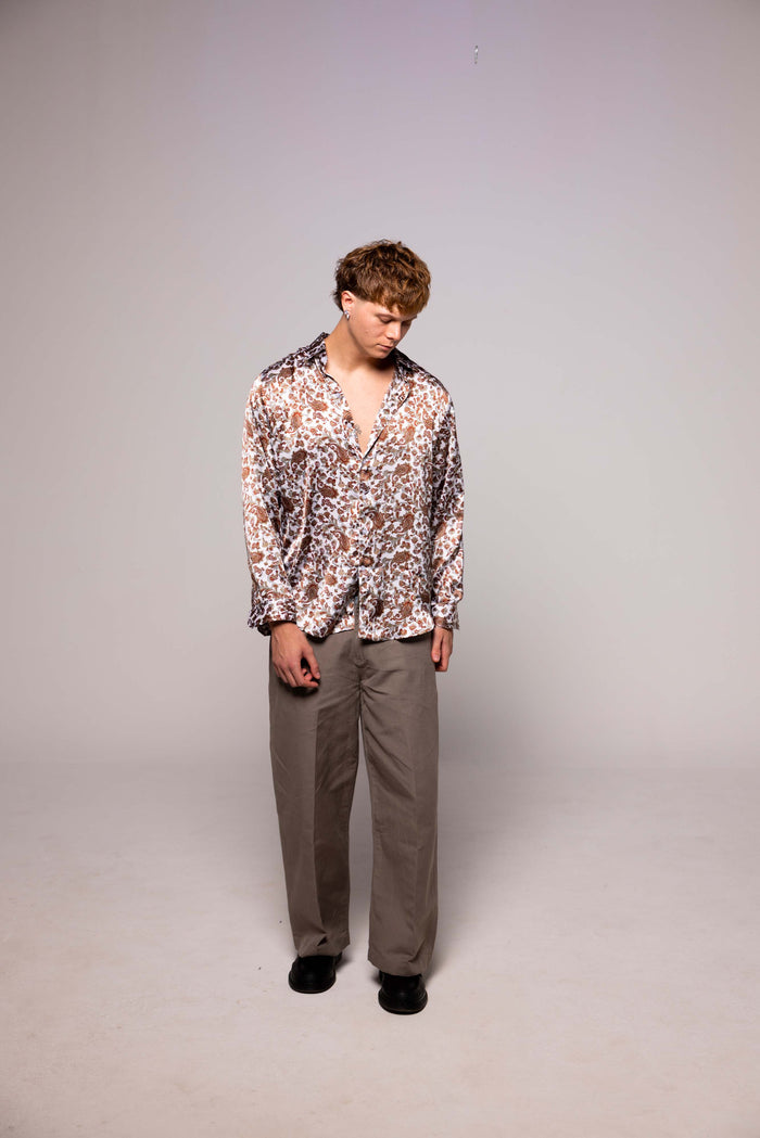 Camicia SETA Bianca Fantasie Marroni