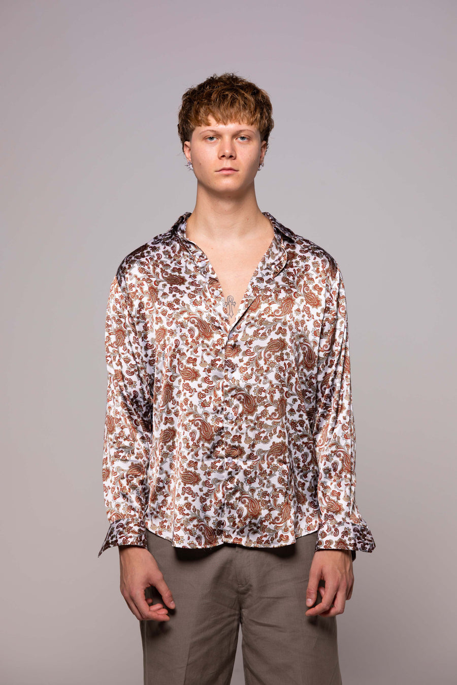 Camicia SETA Bianca Fantasie Marroni